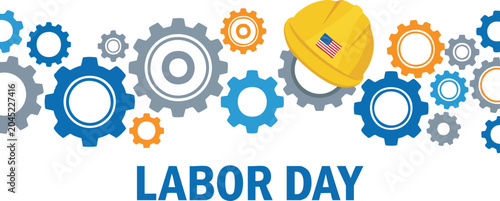 Happy Labor Day background with gears and a yellow hard hat