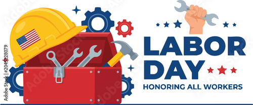 Labor Day card with worker tools and hard hat