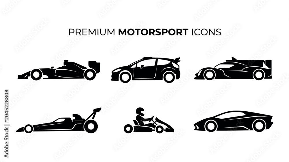 Naklejka premium Flat Design Motorsport Race Car Silhouette Vector Icons Set