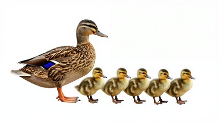 Mother duck leads her ducklings in neat line. Small birds follow parent closely in orderly procession. Cute baby animals walk together in natural formation. Family bonds are clear.