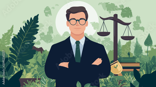 Man in suit with glasses standing outdoors amid greenery, scales nearby