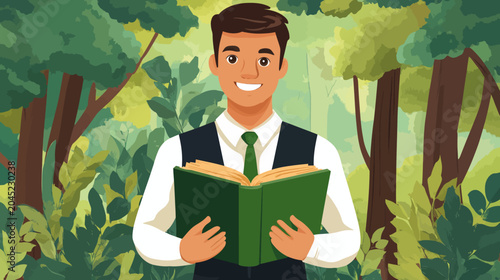 Young man smiling outdoors holding an open book among lush trees