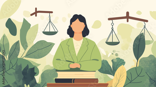 Woman with books and scales symbol amidst leafy backdrop