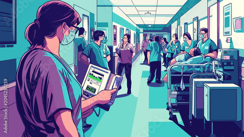 Hospital corridor with healthcare professionals, patients, and medical technology