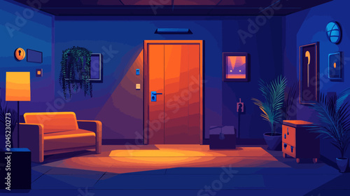 Cozy modern living room with warm lighting, plants, and art