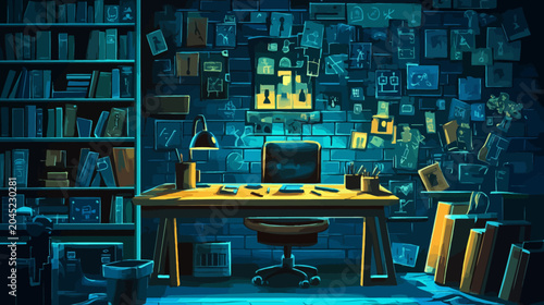 Artistic depiction of a cozy, dimly lit study with a desk, chair, bookshelves, and wall collage