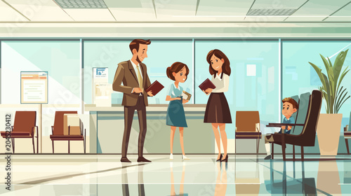 Family of four children at airport check-in, woman checking passport