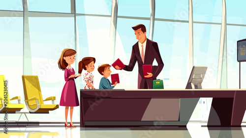 Business meeting at airport, children receiving passports from man