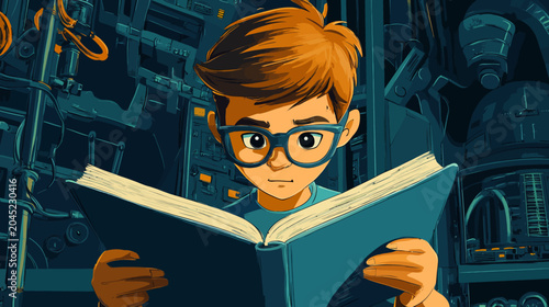 Young person with glasses reads book in futuristic tech setting