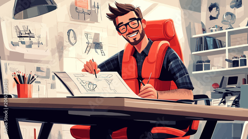 Smiling man drawing sketch at cluttered workspace in studio