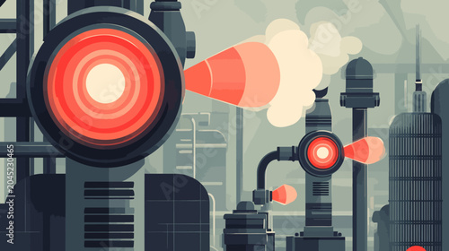 Industrial factory with smoke-emitting vents and futuristic machinery
