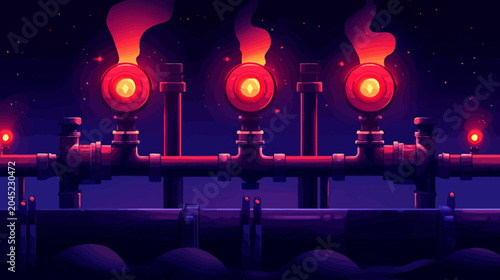 Digital art of industrial pipes emitting red-orange flames at night