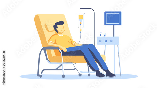 Male patient resting in hospital bed connected to IV drip, medical monitor