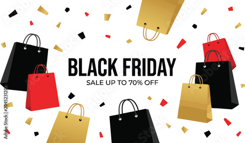 Black Friday sale banner with shopping bags and confetti