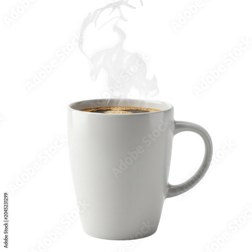 Hot steaming coffee in a white mug isolated on white background