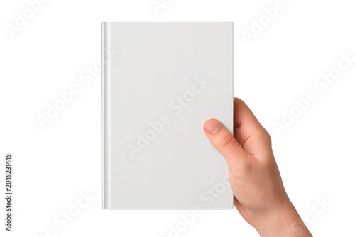 Hand holding a blank white book cover for mockup or design template