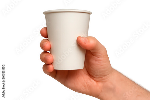 Hand holding a white disposable paper cup isolated on white background