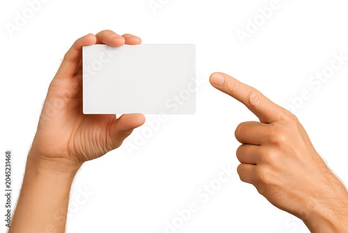 Hand holding blank white card and pointing finger isolated on white background