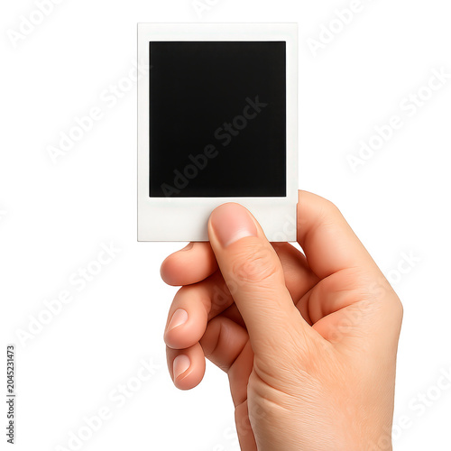 Hand holding a blank instant photo frame with black copy space on white background