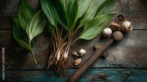 Wild green plants and root vegetables laid out on a weathered wooden table with vegetables, foraging