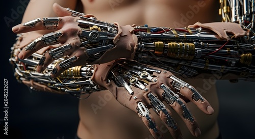 Cyborg robotic arm on human body.