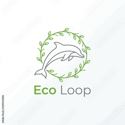 Eco Loop Dolphin Logo with Green Leafy Wreath and Minimalist Line Art Design