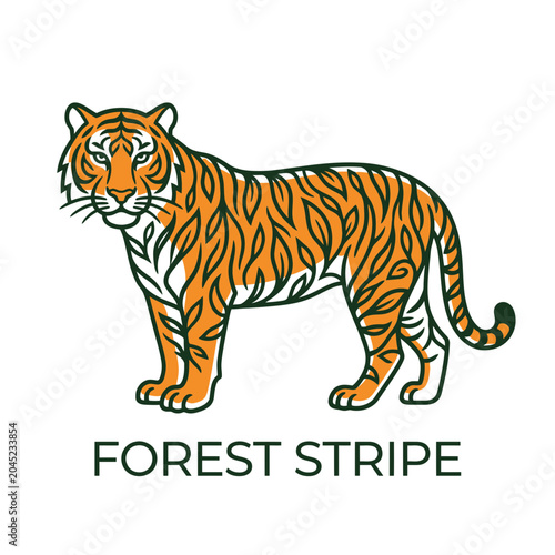 Forest stripe tiger illustration standing in natural woodland environment with vibrant orange and black color scheme