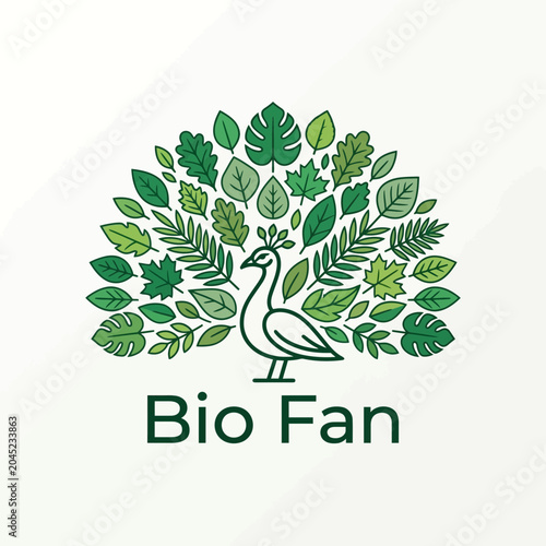Eco conscious bio fan logo featuring white bird surrounded by lush green leaves in minimalist nature inspired design