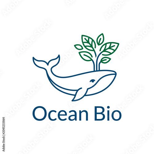 Whale and ocean plant illustration representing marine bio diversity and environmental conservation in minimalist green blue color scheme