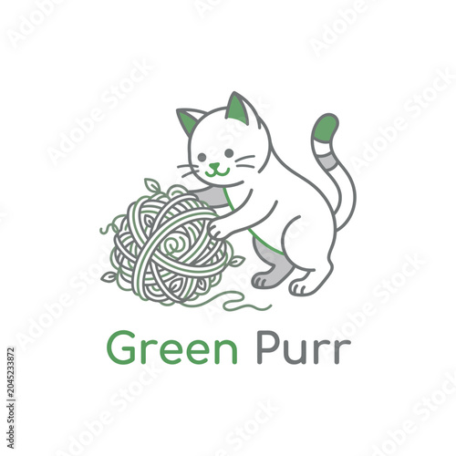 Playful White Kitten Holding Green Yarn Ball in Minimalist Line Art Style
