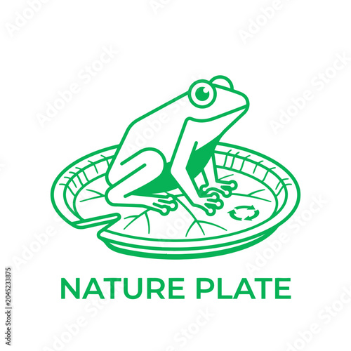 Nature Plate Logo Featuring Green Frog on Circular Design with Eco Friendly Vibes and Minimalist Artistic Style