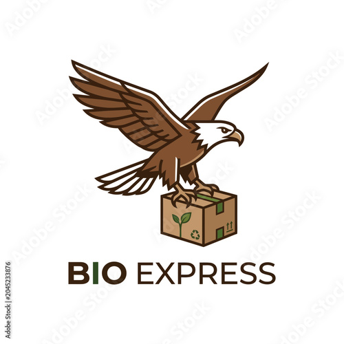 Fast organic delivery eagle holding package with bio express logo in modern corporate branding illustration