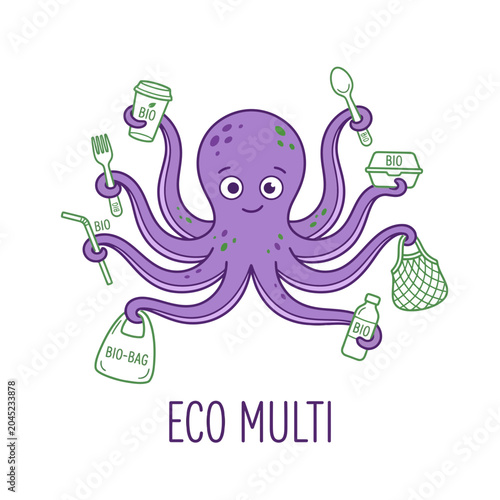 Eco friendly octopus holding reusable shopping bags and containers illustrating sustainable multi use packaging