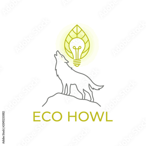 Eco conscious wolf logo design with glowing leaf symbol representing sustainability and environmental awareness in minimalist line art style