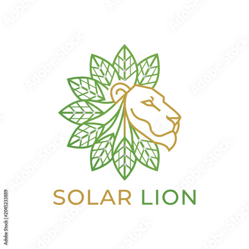 Solar Lion logo featuring stylized lion head surrounded by green leafy branches with modern minimalist design