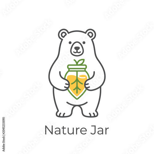 Happy bear holding gift box with nature jar label in cheerful minimalist illustration style