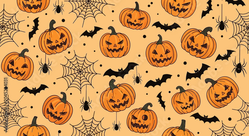 Spooky Halloween Pumpkins and Bats Pattern.