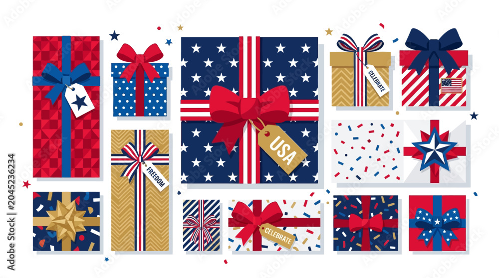 Fototapeta premium A collection of wrapped gifts with ribbons and bows on various patterns.