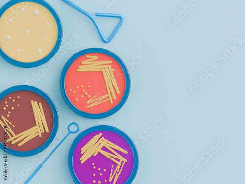 Bacterial Culture Media includes Nutrient agar, blood agar, chocolate agar ,MacConkey agar on Petri Dishes with Inoculation Loop and Spreader. 3d illustration.
