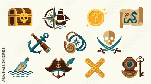 Foto Collection of pirate-themed icons including treasure chest, compass, ship, coin, map, anchor, spyglass, seashell, skull and crossbones, message in a bottle, pirate hat, and diving helmet