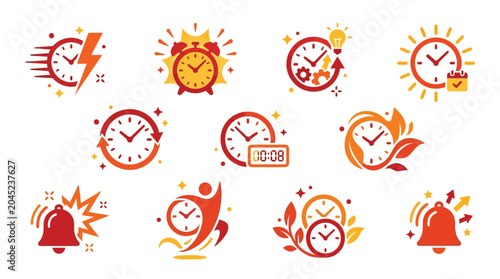 Foto Collection of stylized icons representing time, alarms, and deadlines with a modern, vibrant design