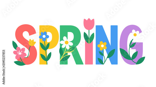 Colorful spring word decorated with flowers.