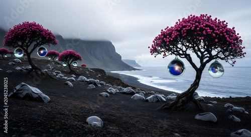 Surreal Pink Flowering Trees with Floating Crystal Orbs on Black Sand Beach Landscape