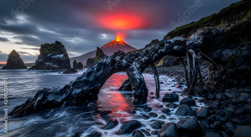 Volcanic Eruption with Glowing Lava over Black Sand Beach and Driftwood at Sunset