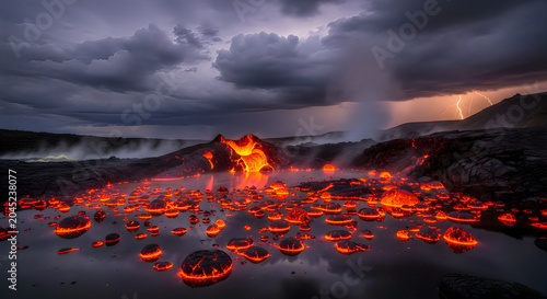 Molten Lava Flowing into Water at Volcanic Eruption with Lightning Storm at Night
