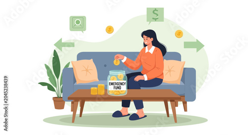 Woman saving money in emergency fund jar on sofa, financial planning concept