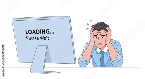 Tableau sur toile Stressed Businessman Waiting for Computer Loading Vector Illustration