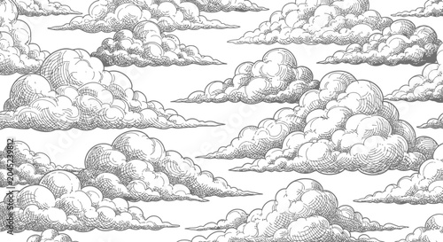 Hand drawn vintage clouds pattern in engraving style