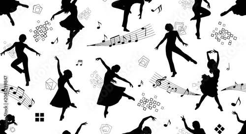 Seamless pattern of dancing silhouettes and musical notes