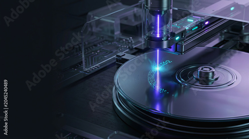 Close up view of a laser reading optical disc data in modern digital storage drive mechanism with blue light beam